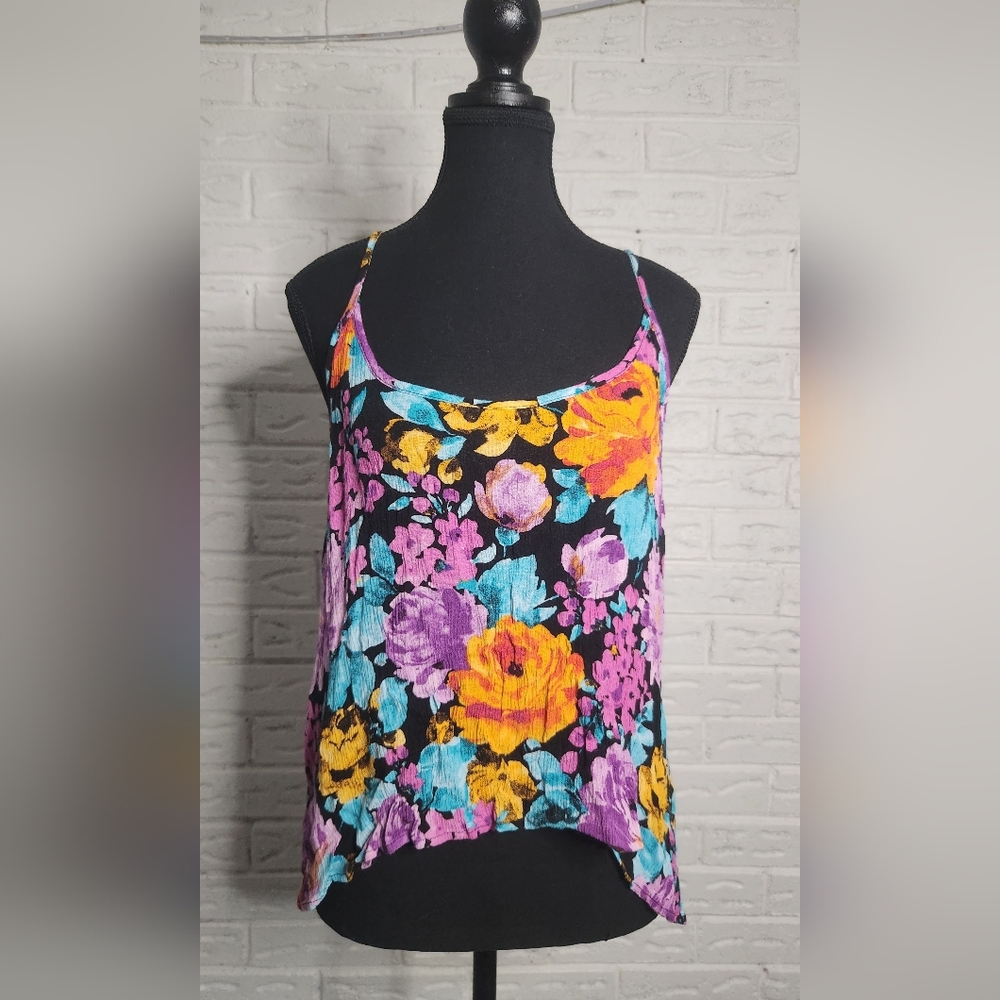 Floral Crinkle Tank Top Women’s Large Rayon Spaghetti Strap Boho Summer Shirt
